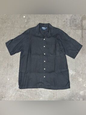 VTG Polo Ralph Lauren Caldwell Linen Loop Collar Shirt Short Sleeve Black Large